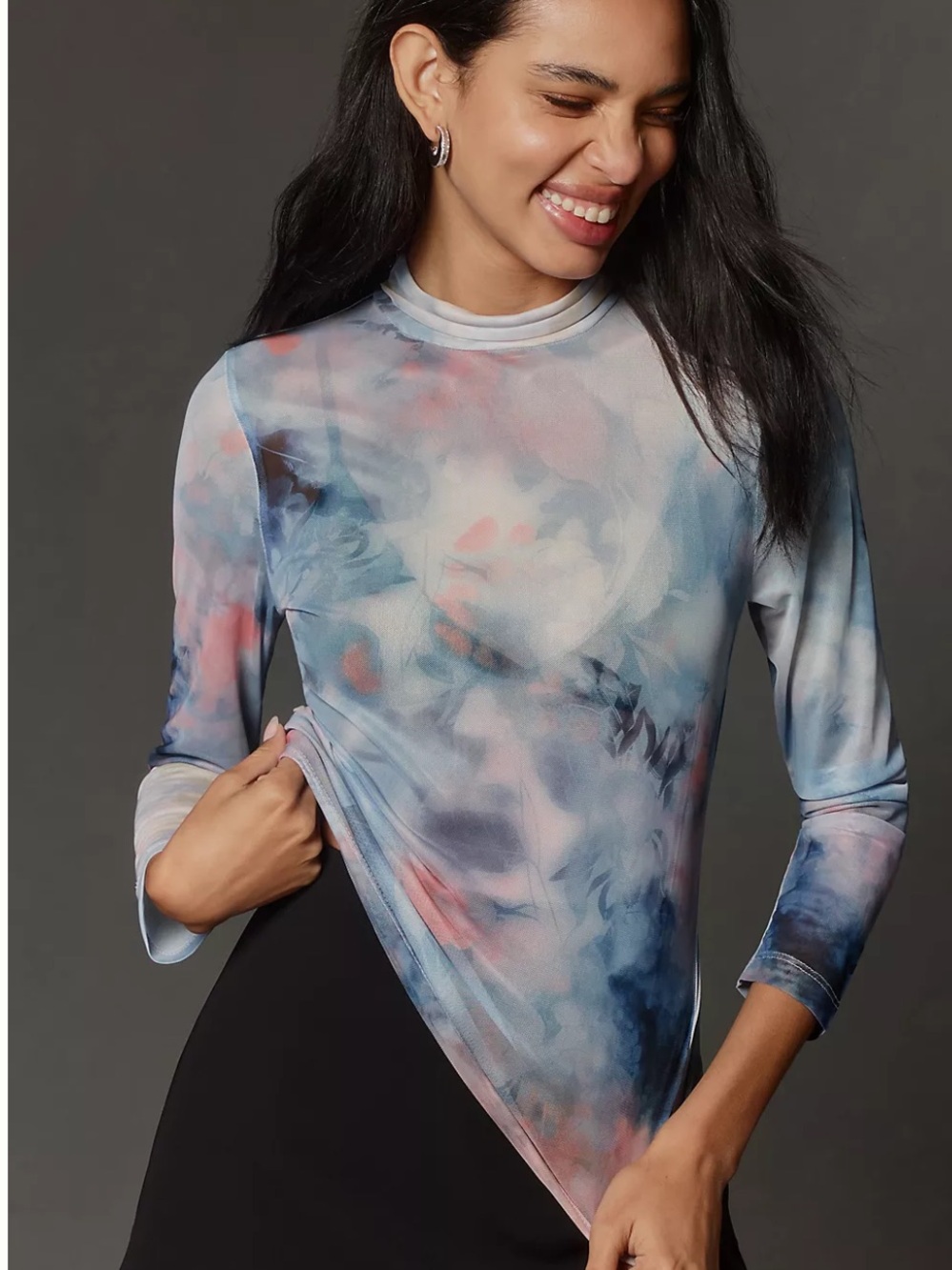 By Anthropologie Mesh Turtleneck Top Sheer Blue Coral Pink Floral Botanical Medi